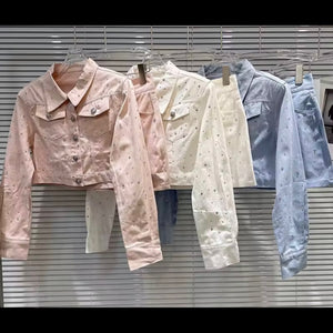 Women Fashion Rhinestone Button Up Jacket Two Piece Skirt Set