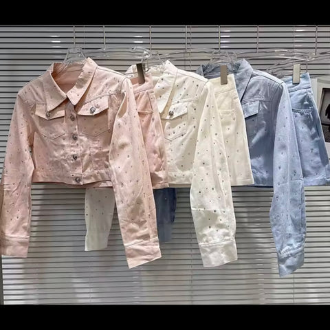 Women Fashion Rhinestone Button Up Jacket Two Piece Skirt Set