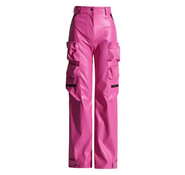 Women Pink Faux Leather Fashion Zipper Cargo Pants