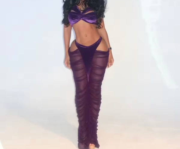 Women Sexy Sleeveless Velour Mesh Ruched Two Piece Maxi Skirt Set