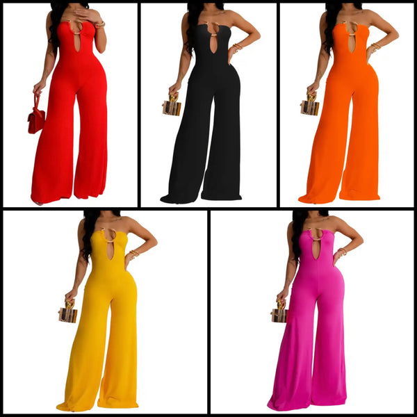 Women Sexy Strapless Metal V-Neck Wide Leg Jumpsuit