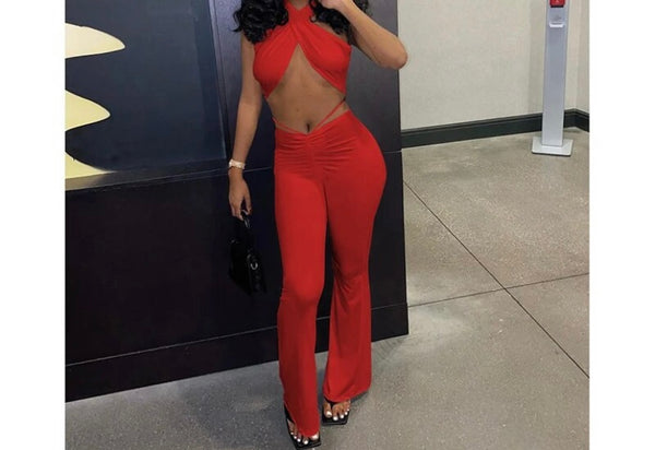 Women Sexy Solid Color Halter Sleeveless Two Piece Pant Set