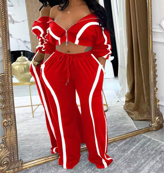 Women Fashion Velour Striped Zip Up Tracksuit Two Piece Pant Set