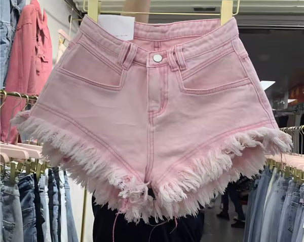 Women Color Fashion Fringe Denim Shorts