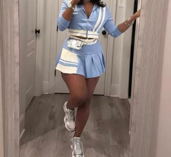 Women Zip Up Full Sleeve Color Patchwork Two Piece Pleated Skirt Set