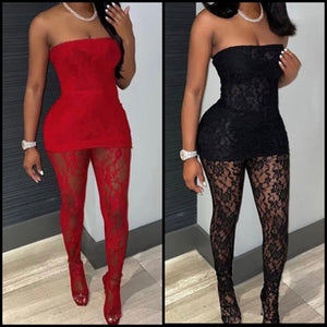 Women Sexy Strapless Lace Two Piece Feet In Pant Set