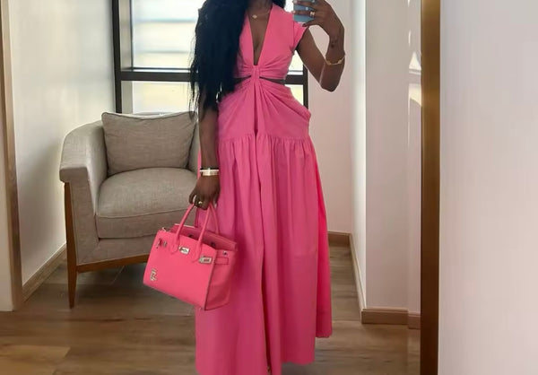 Women Pink Sexy Short Sleeve Cut Out Maxi Dress