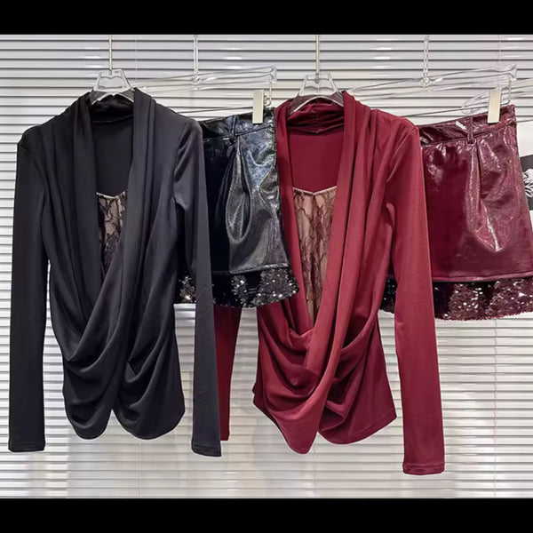 Women Sexy Full Sleeve Two Piece Sequins PU Leather Skirt Set