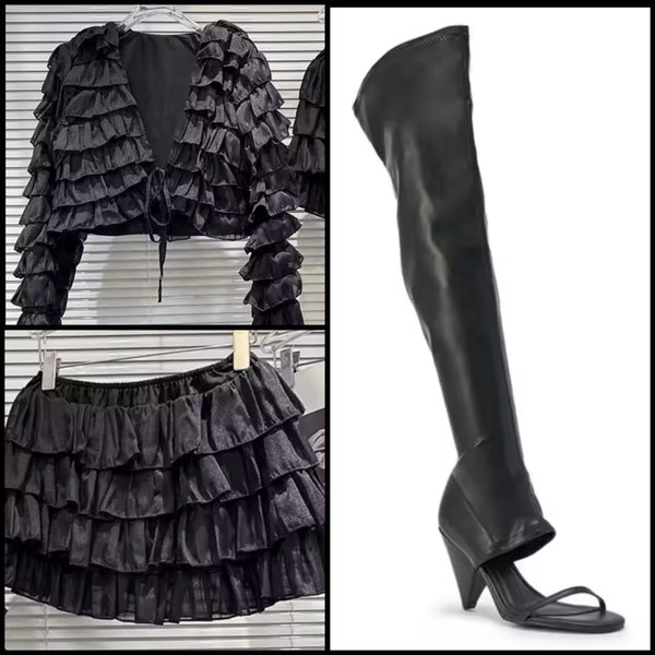 Women Sexy Ruffled Full Sleeve Two Piece Skirt Set