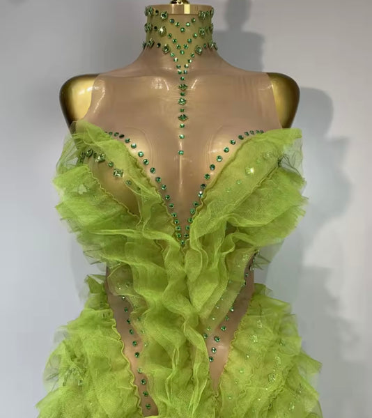 Women Sexy Sleeveless Color Rhinestone Ruffled Mesh Maxi Dress