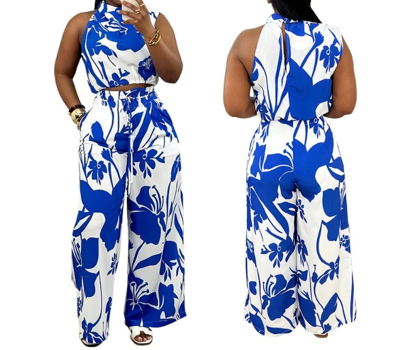Women Sleeveless Color Patchwork Printed Two Piece Fashion Pant Set