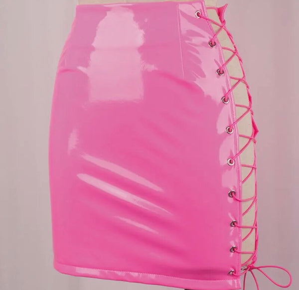 Women Sexy PU Lace Up Color Skirt