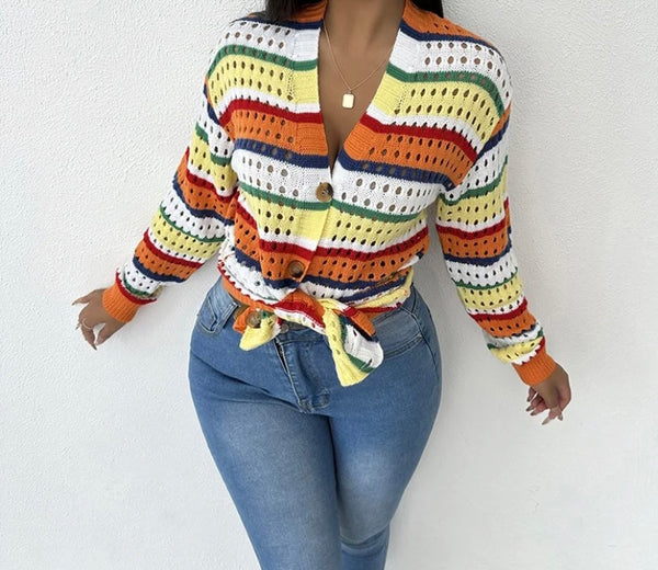 Women Fashion Multicolored Striped Button Up Knitted Top