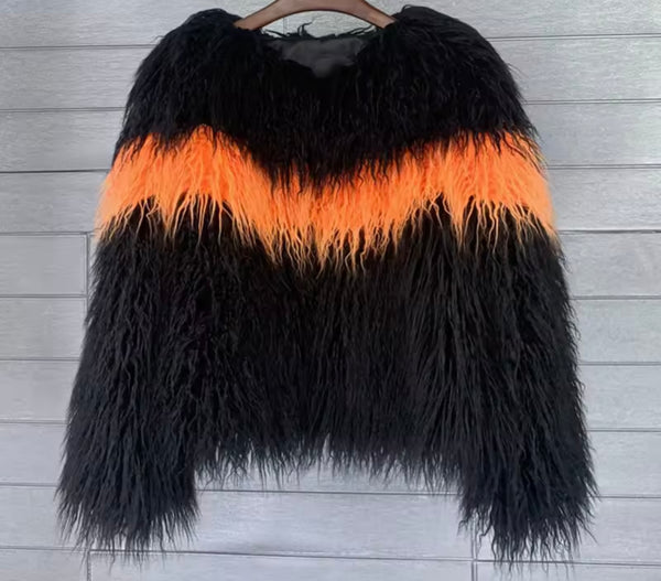 Women Fashion Color Patchwork Striped Faux Fur Sweater Top