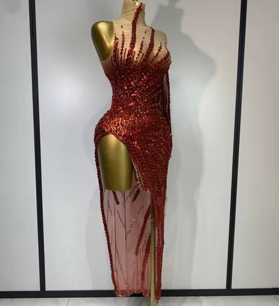 Women Sexy One Shoulder Full Sleeve Sequins Crystal Mesh Dress