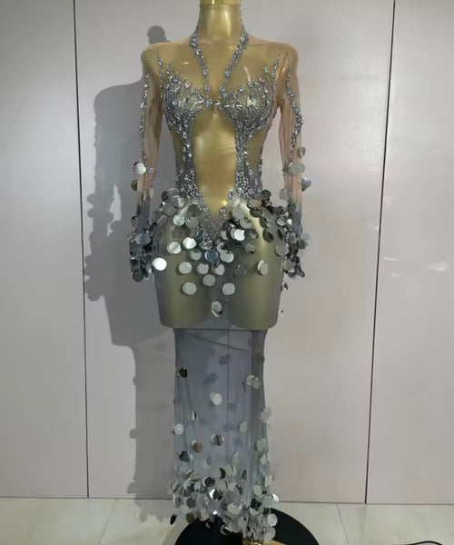 Women Silver Sequins Rhinestone Full Sleeve Mesh Maxi Dress