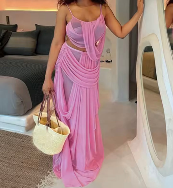 Women Pink Sexy Sleeveless Draped Two Piece Maxi Skirt Set