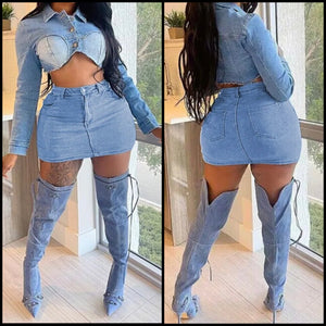 Women Fashion Two Piece Full Sleeve Crop Denim Skirt Set