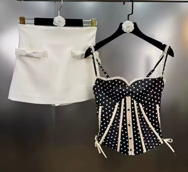 Women Sleeveless Polka Dot Two Piece Bow Skirt Set