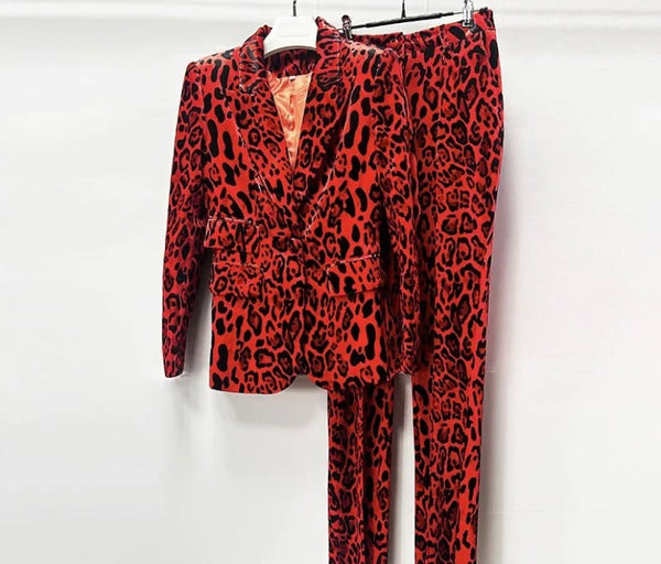 Women Fashion Velour Leopard Print Two Piece Blazer Pant Set