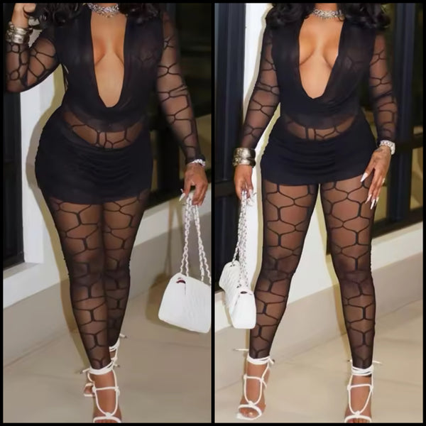 Women Sexy Black Printed Mesh Full Sleeve Jumpsuit