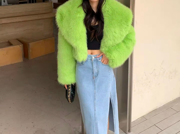 Women Fashion Green Faux Fur Jacket