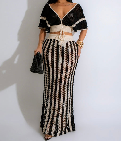 Women Sexy Color Patchwork Short Sleeve Knitted Two Piece Maxi Skirt Set