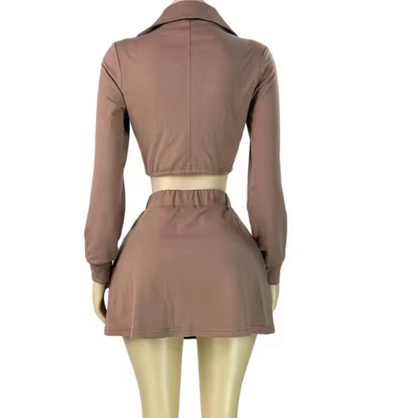 Women Zip Up Drawstring Full Sleeve Two Piece Skirt Set