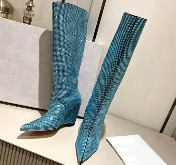 Women Fashion Bling Wedge Knee High Boots