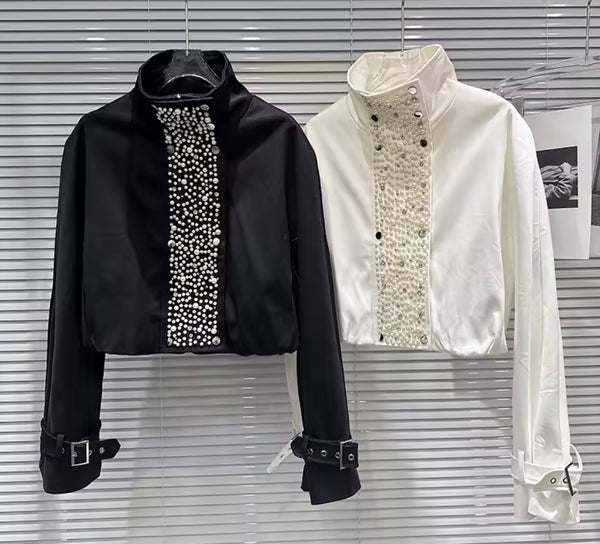Women Fashion Pearl Bling Buckled Jacket