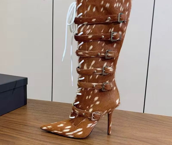 Women Fashion Mohair Lace Up Buckled Knee High Boots