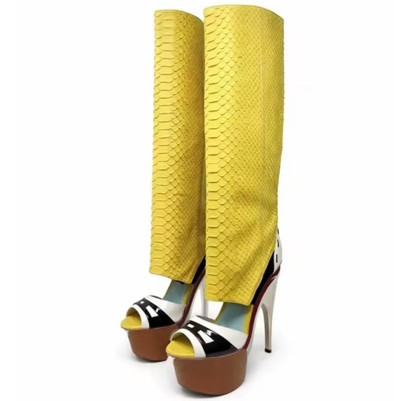 Women Fashion Open Toe Color Patchwork Platform Knee High Boots