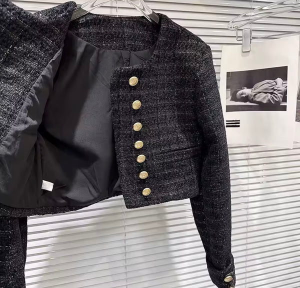 Women Black Gold Button Full Sleeve Blazer Tweed Two Piece Short Set