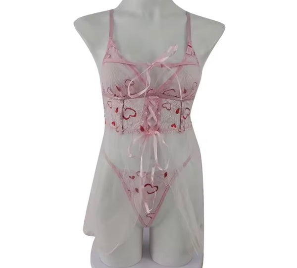 Women Sexy Sleeveless Pink Heart Mesh Lingerie Set