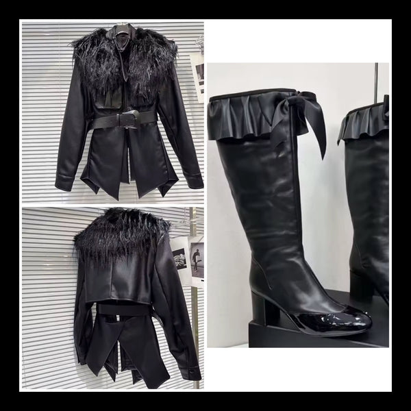 Women Fashion Ruffled Bow Faux Leather Knee High Boots