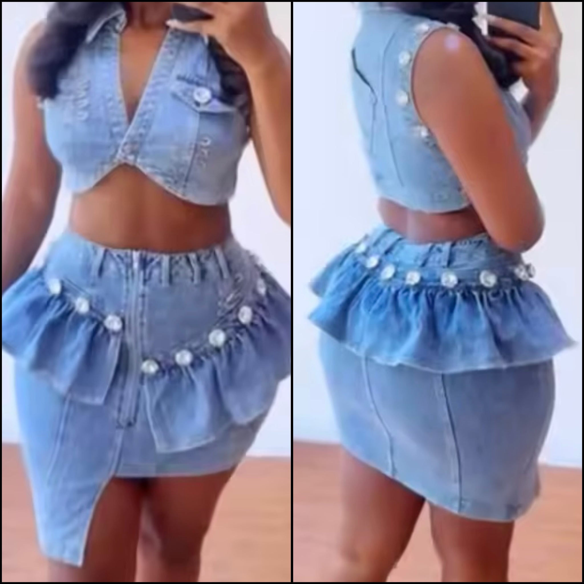 Women Sexy Bling Ruffled Denim Vest Two Piece Skirt Set