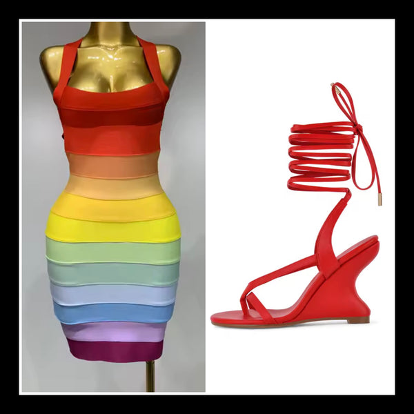 Women Sleeveless Open Back Striped Rainbow Bandage Dress
