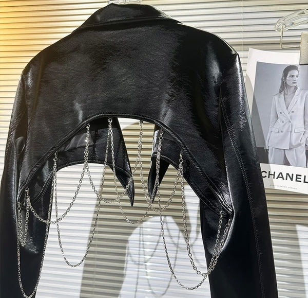 Women Black Fashion Chain Faux Leather Crop Jacket