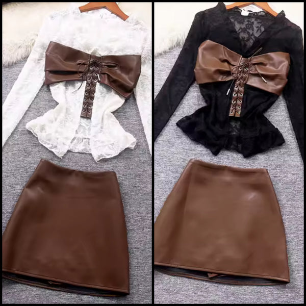 Women Sexy Fashion Lace Full Sleeve Faux Leather Two Piece Skirt Set