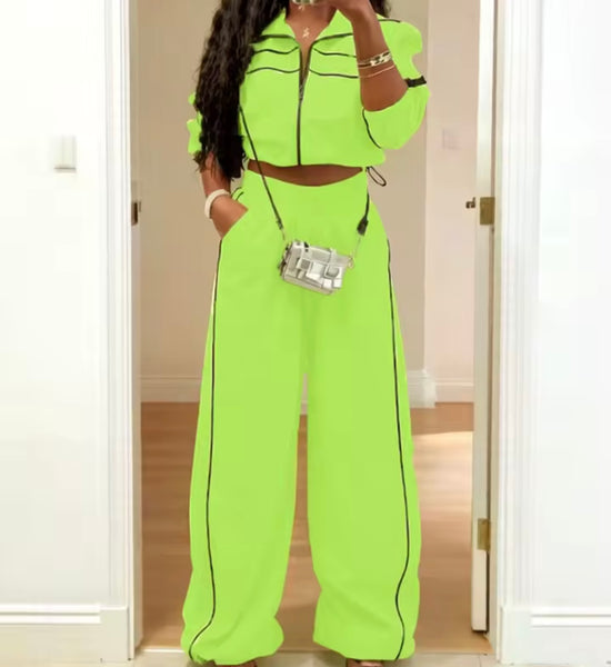 Women Fashion Zip Up Striped Tracksuit Two Piece Pant Set