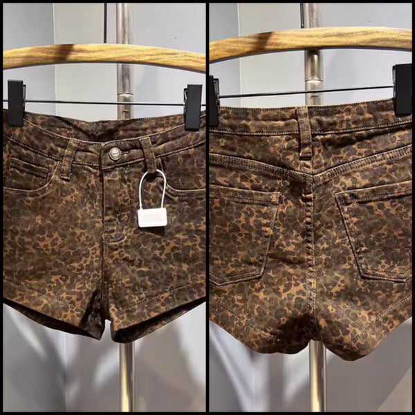 Women Fashion Leopard Denim Shorts