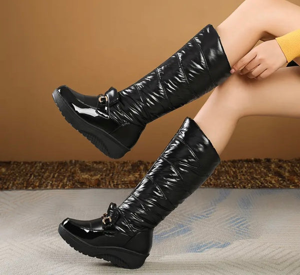 Women Fashion Round Toe Buckled Platform Knee High Boots
