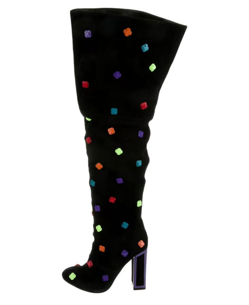 Women Fashion Black Colorful Print Suede Knee High Boots