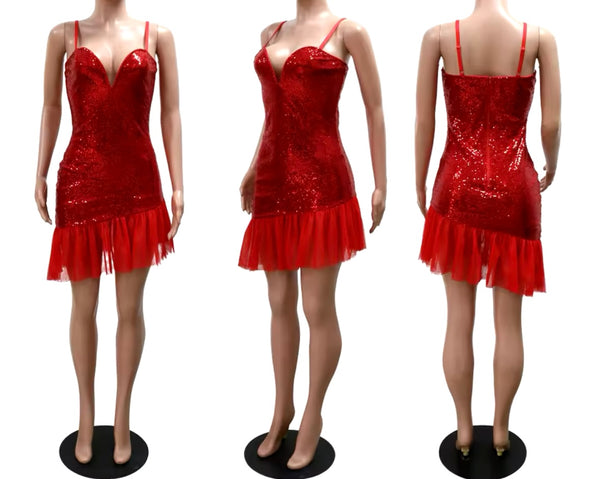 Women Sexy Sequins Sleeveless Ruffled Dress