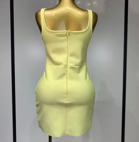 Women Sexy Sleeveless Yellow Beaded Rhinestone Dress