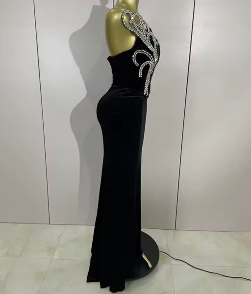 Women Sexy Strapless Rhinestone Black Velour Maxi Dress
