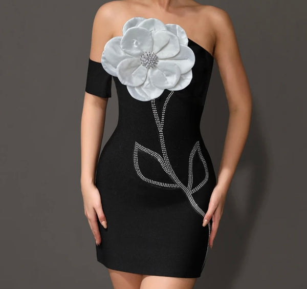 Women Black Sexy Off The Shoulder Floral Bling Dress