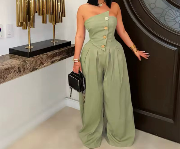 Women Sexy Fashion Button Strapless Wide Leg Jumpsuit