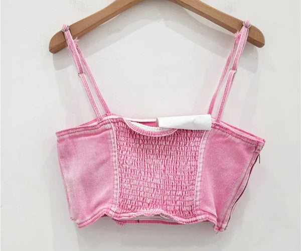 Women Sleeveless Pink Gradient Buckled Denim Crop Top