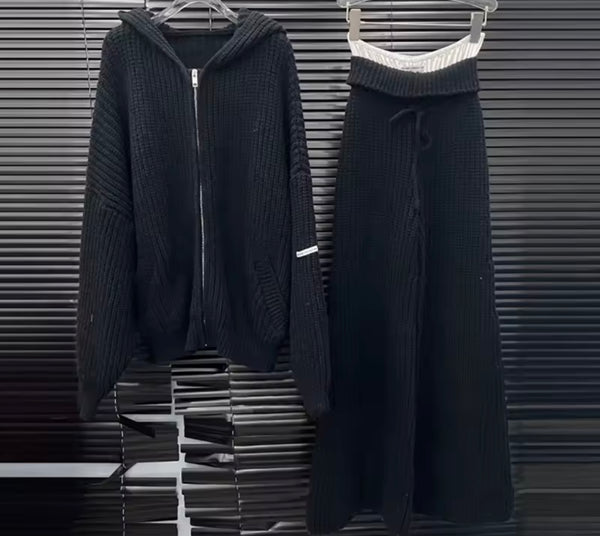 Women Fashion Knitted Zip Up Hooded Tracksuit Two Piece Pant Set